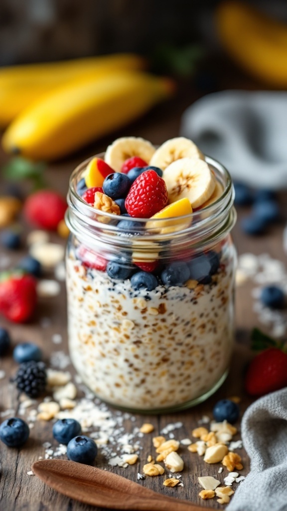 A jar of overnight oats topped with sliced bananas, berries, and nuts on a wooden surface.