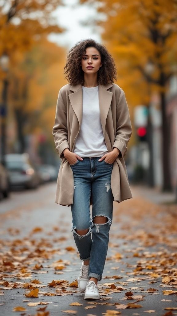 A woman wearing an oversized beige blazer, a white t-shirt, and distressed jeans, walking on a street lined with autumn leaves.