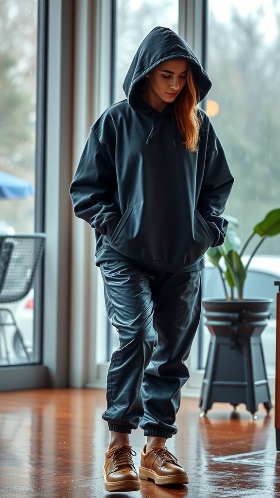 Person wearing an oversized hoodie and rain pants, looking out a window at the rain.