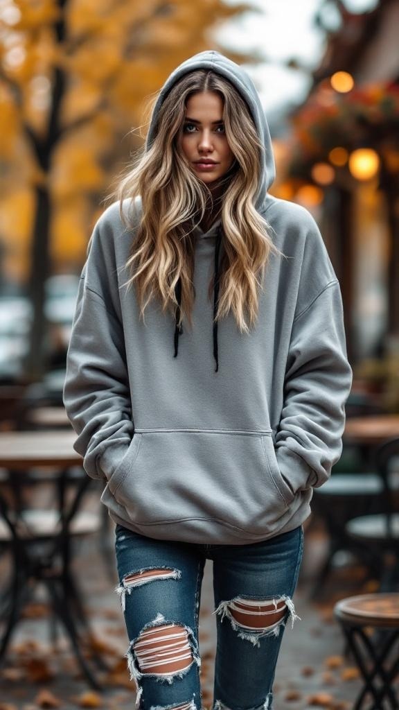 A person wearing an oversized black hoodie and distressed jeans, standing outdoors with autumn leaves around.