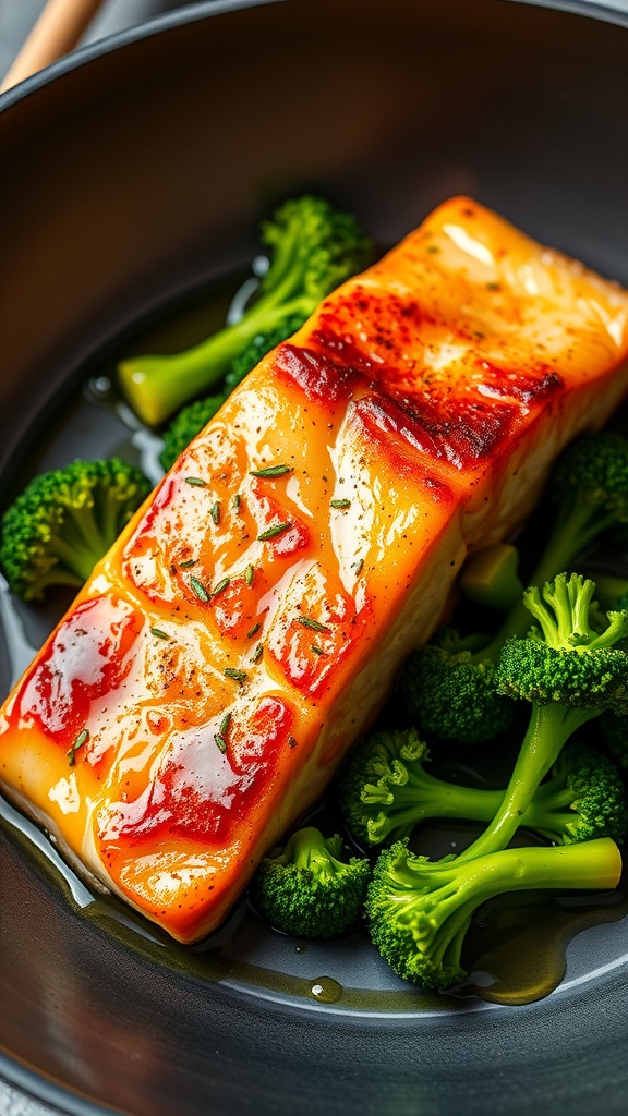 A delicious plate of pan-seared salmon with steamed broccoli.