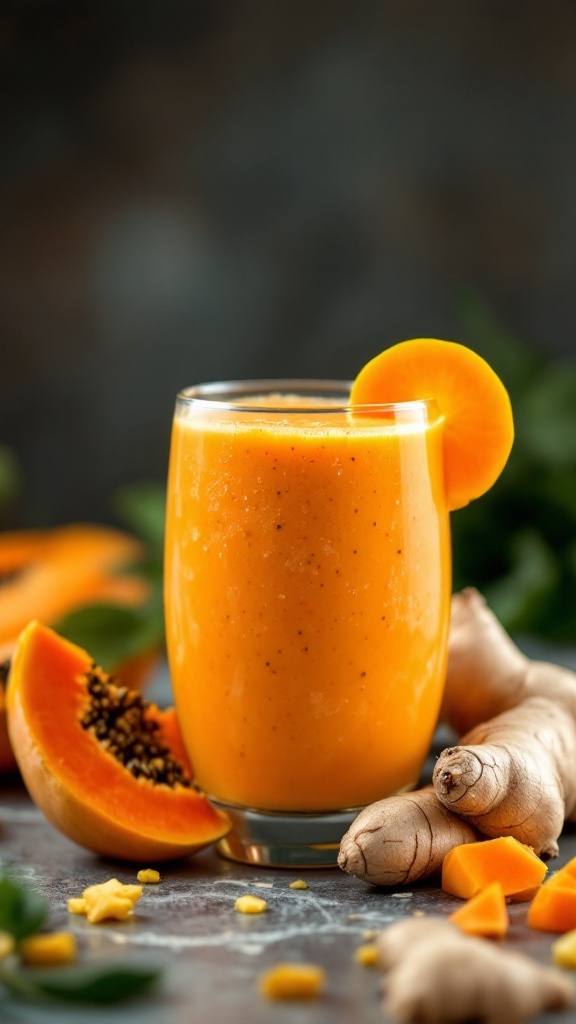 A refreshing papaya and ginger smoothie in a glass with diced papaya and ginger root nearby.