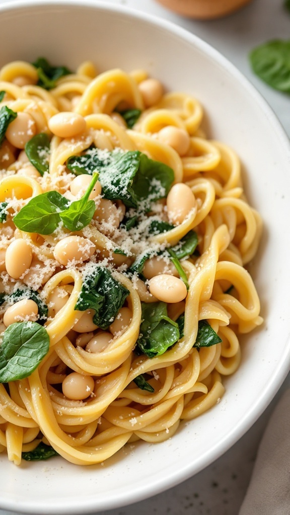 A bowl of pasta with white beans and spinach garnished with cheese.