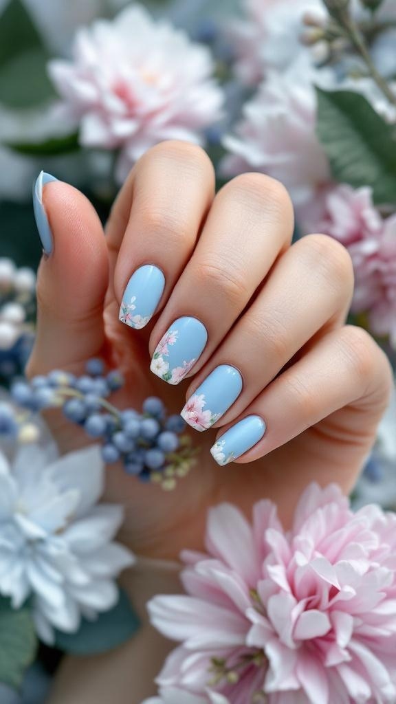 Pastel blue nails with floral art, surrounded by flowers.