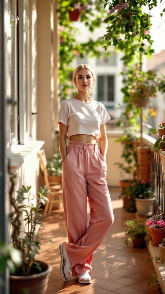 A woman wearing a pastel cropped top and high-waisted pants stands on a balcony surrounded by plants.