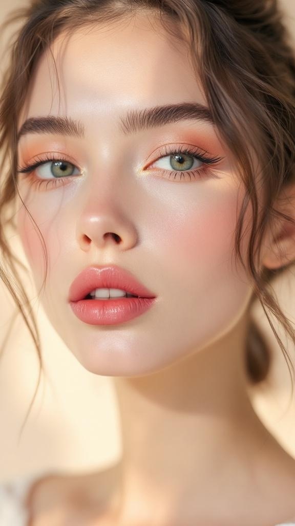 A close-up of a model showcasing pastel eyeliner accents with soft blush and glossy lips.