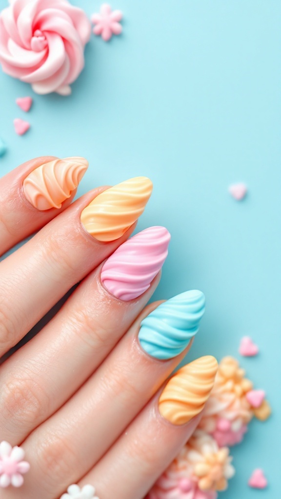 Pastel-colored nails with ice cream swirl designs, surrounded by colorful decorations.