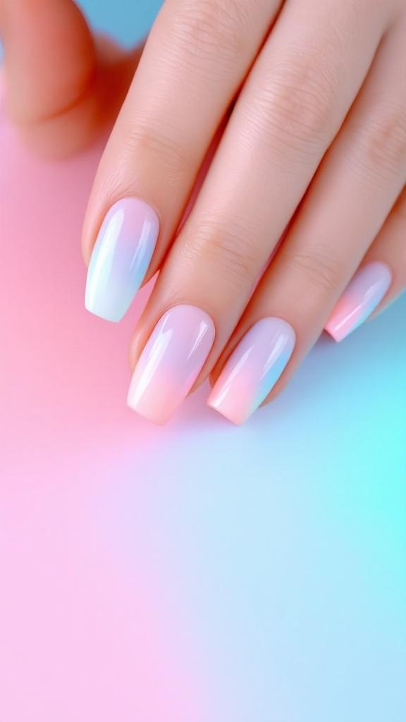 Short nails featuring a pastel ombre effect with pink and blue colors.