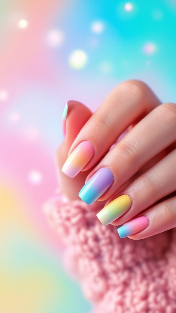 Close-up of a hand with pastel rainbow French tip nails against a dreamy, colorful background