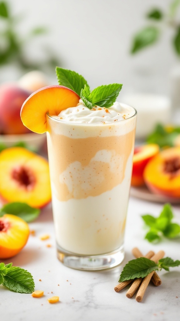 A delicious peach and Greek yogurt protein shake topped with a peach slice and mint leaves.