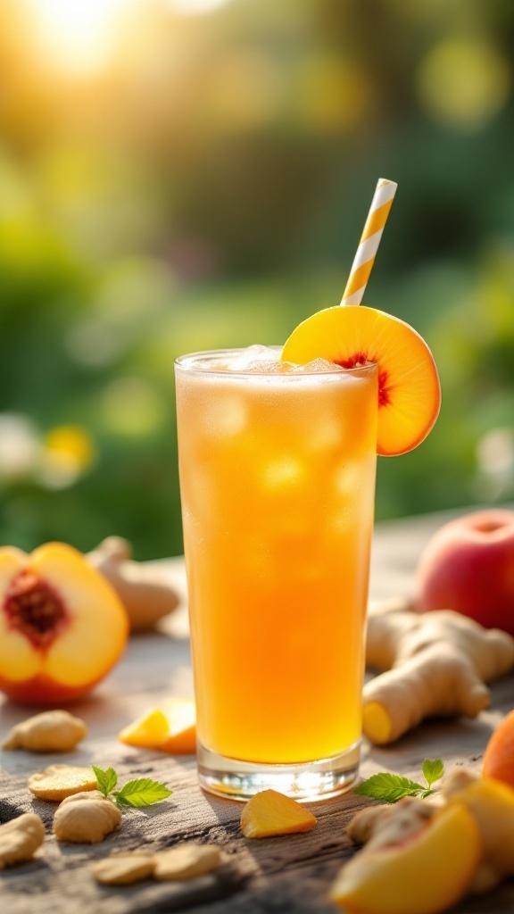A refreshing peach ginger protein shake garnished with a slice of peach and a straw.