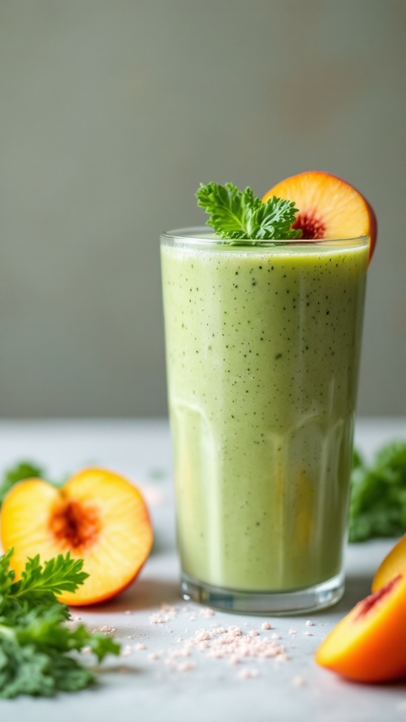 A refreshing peachy kale smoothie in a glass with peach slices and kale leaves around it.