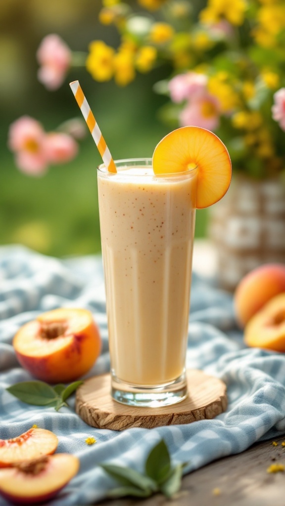 A refreshing peach smoothie with a slice of peach on the rim.