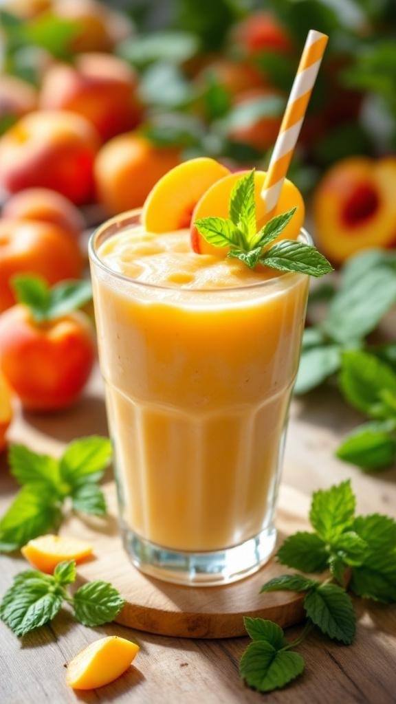 A refreshing peach smoothie in a glass, garnished with mint leaves and peach slices, surrounded by fresh peaches.