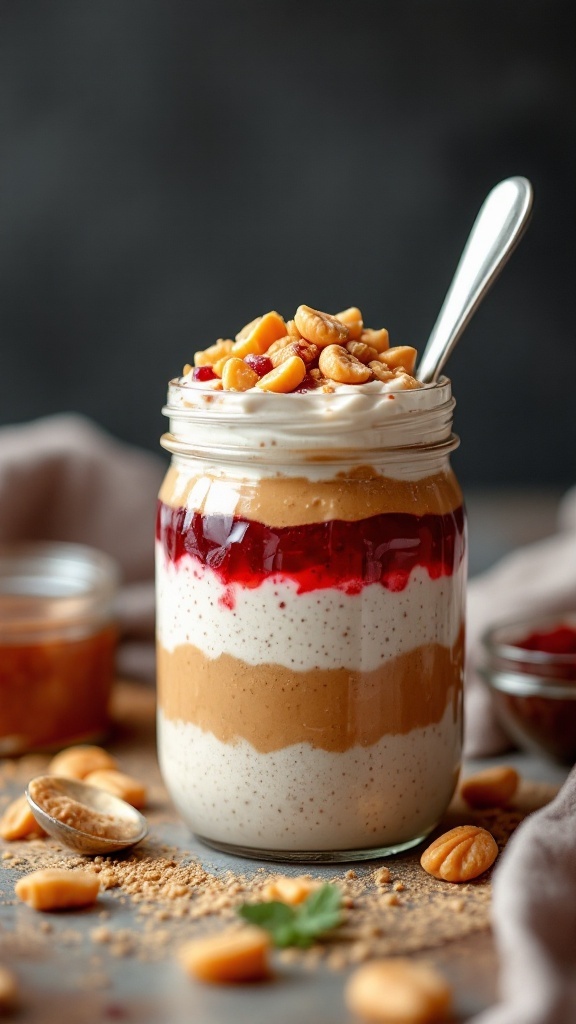 A layered peanut butter and jelly chia pudding in a jar