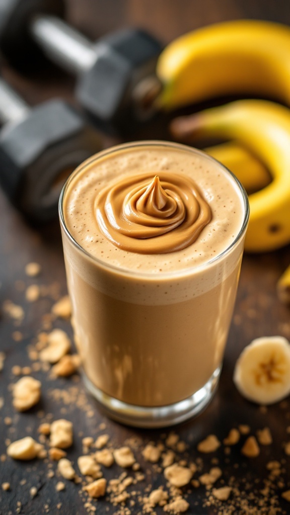 A creamy peanut butter banana smoothie topped with a swirl of peanut butter.