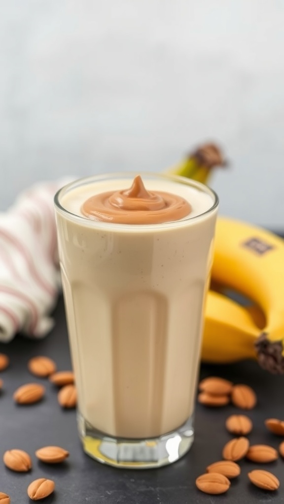 A creamy peanut butter banana smoothie in a glass with bananas and nuts in the background.