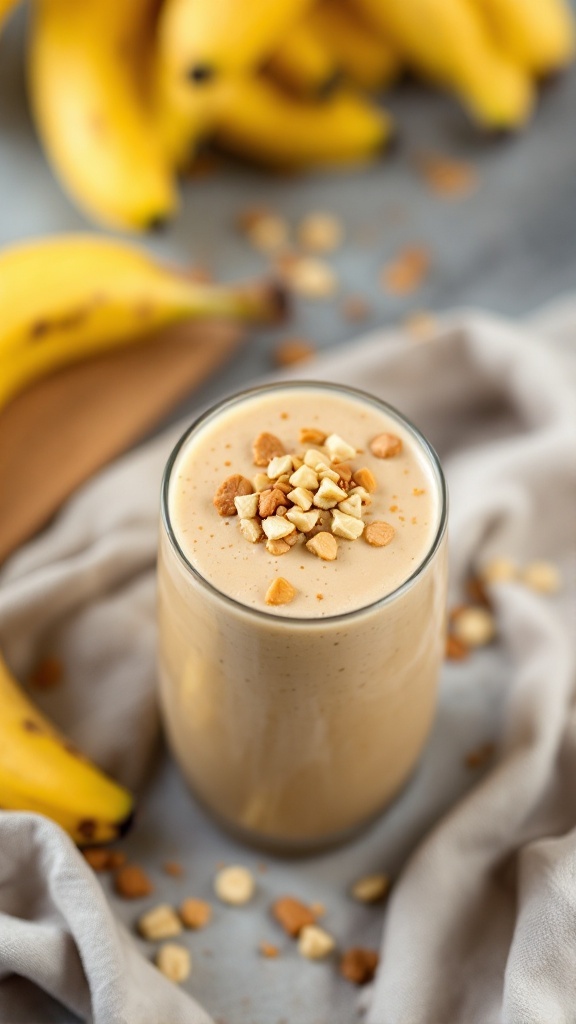Peanut Butter Banana Bliss smoothie in a glass with chopped peanuts on top