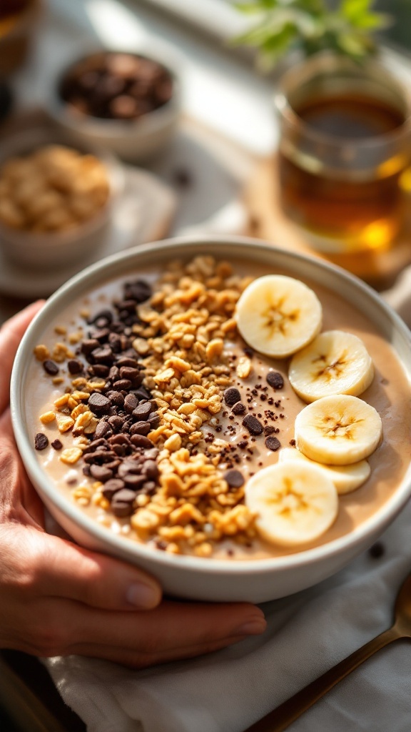 A delicious peanut butter banana smoothie bowl topped with granola, sliced bananas, and chocolate chips.