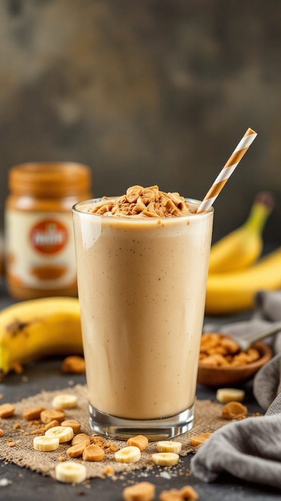 A creamy peanut butter banana smoothie topped with nuts in a glass