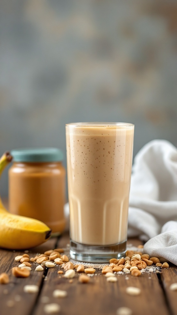 A delicious peanut butter banana protein smoothie in a glass with a banana and peanut butter jar beside it.