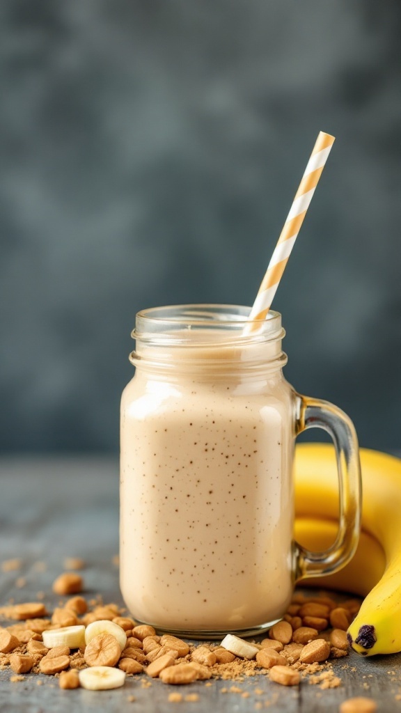 A refreshing peanut butter banana smoothie in a glass jar with a straw.