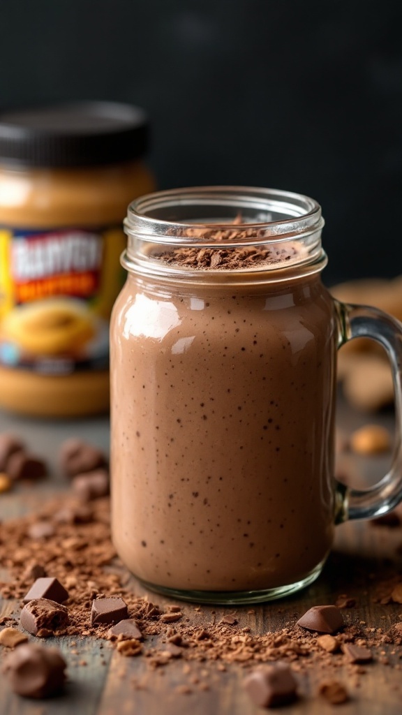 A creamy peanut butter chocolate smoothie in a glass jar, surrounded by chocolate pieces and peanut butter jar.