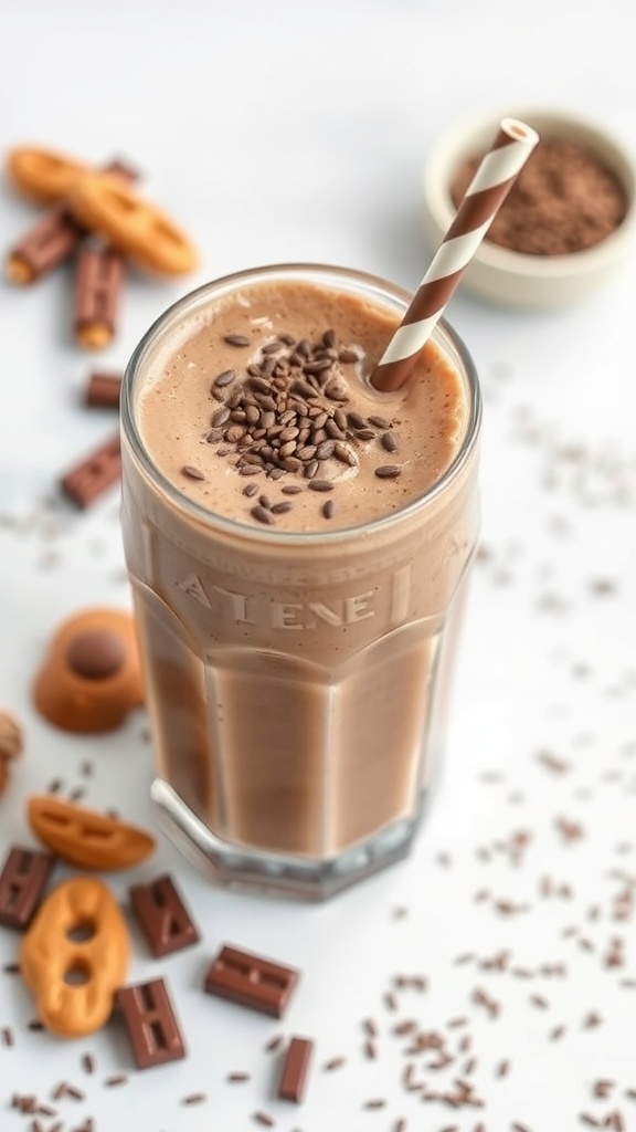 A rich and creamy peanut butter chocolate smoothie topped with flaxseeds.