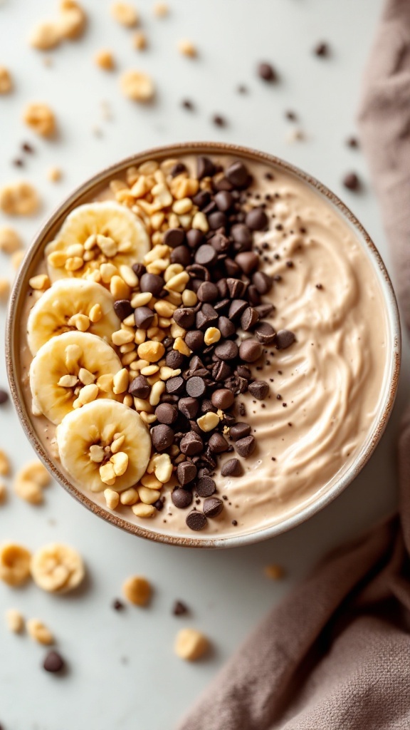A delicious Peanut Butter Cup Delight Smoothie Bowl topped with bananas, chocolate chips, and peanuts.