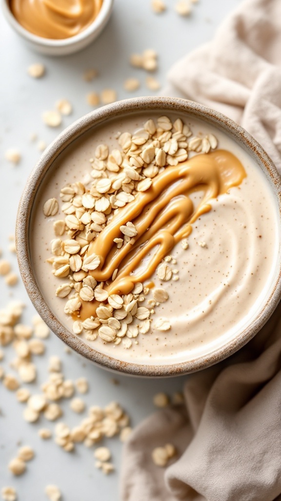 Peanut Butter Oatmeal Smoothie in a bowl with oats and peanut butter