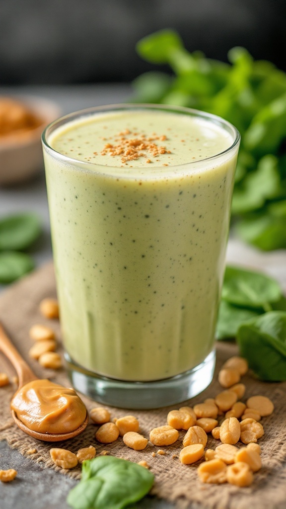 A creamy Peanut Butter Spinach Smoothie in a glass, garnished with a sprinkle on top.