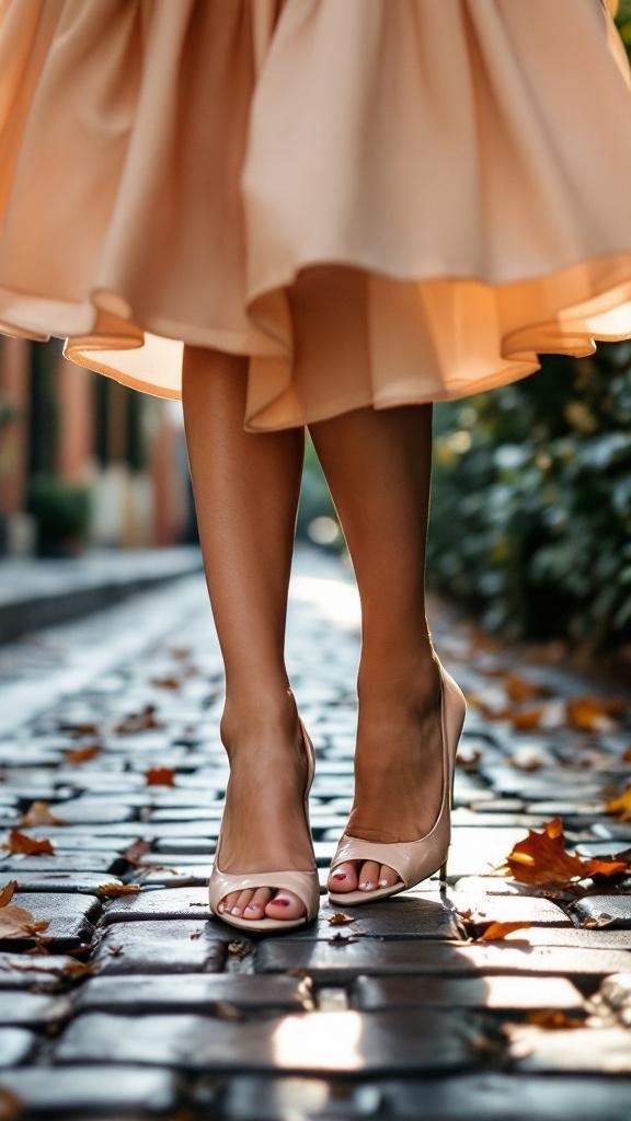 A close-up of a woman's legs wearing nude peep-toe heels and a flowy skirt, standing on a cobblestone path with autumn leaves.