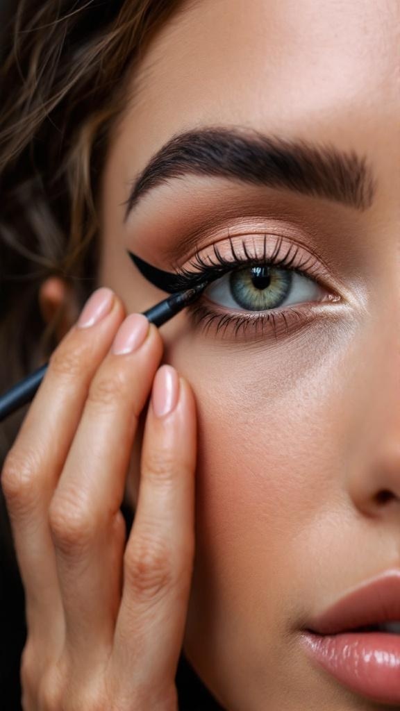 Close-up of a person applying winged eyeliner with a steady hand.