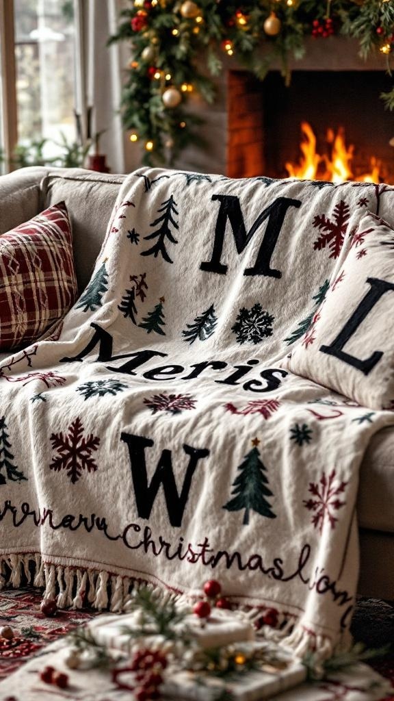 Cozy personalized blanket with initials and festive designs