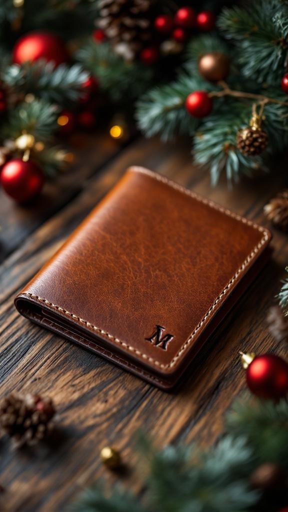 A personalized brown leather wallet on a wooden surface with Christmas decorations.