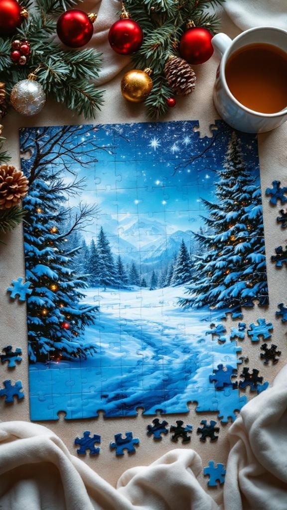 A personalized winter scene puzzle surrounded by Christmas decorations and a warm cup of coffee.
