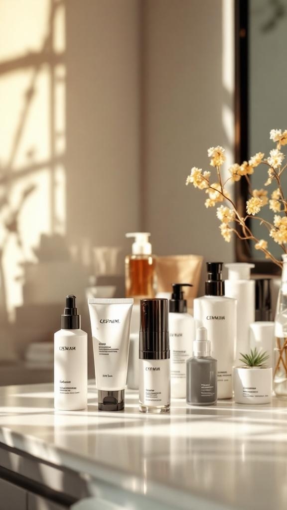 A collection of skincare products arranged on a countertop, showcasing a personalized skincare routine.