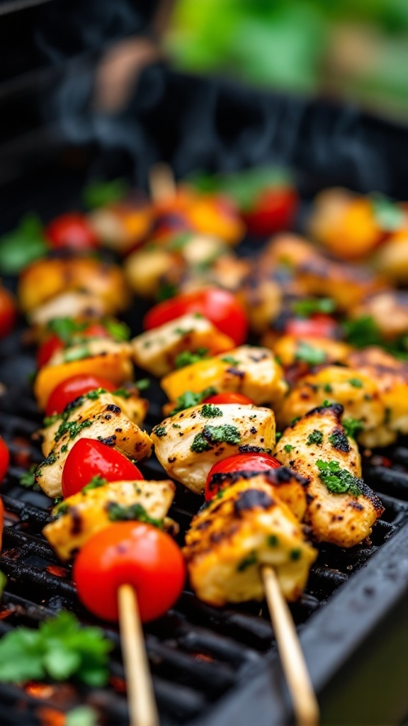Pesto chicken and cherry tomato skewers on a grill