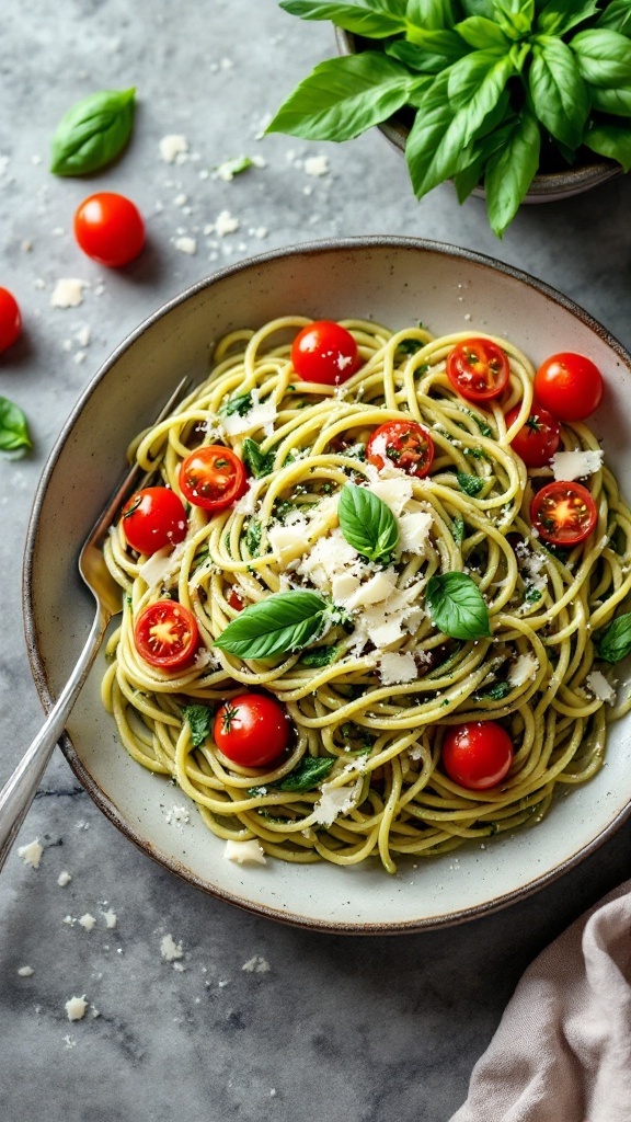 A bowl of pesto pasta topped with cherry tomatoes and basil