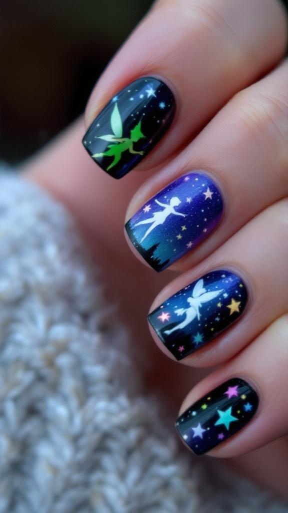 Nail art featuring Peter Pan and Tinkerbell against a starry night sky
