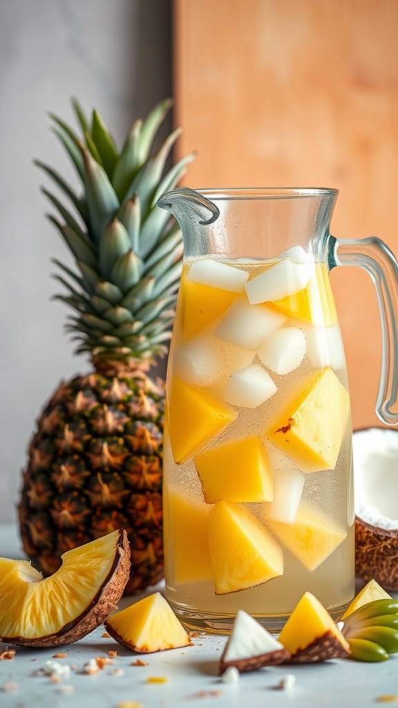 A glass pitcher filled with pineapple and coconut detox water, with fresh pineapples and coconut pieces around it.