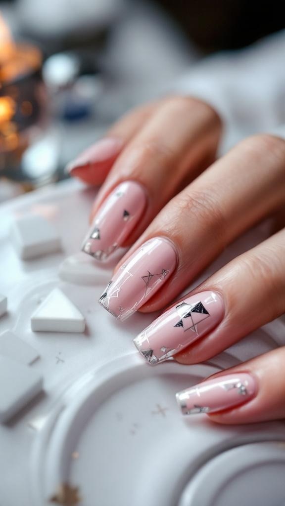 Close-up of pink nails with silver geometric designs