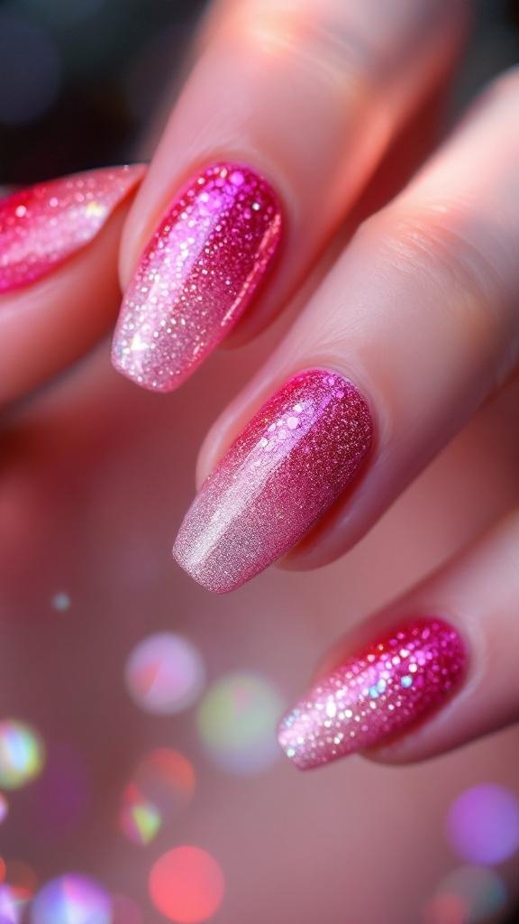 A hand with pink glitter gradient nails against a pink background