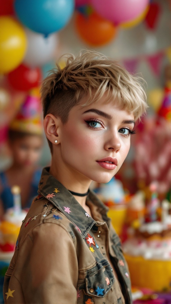 A young person with a pixie haircut, wearing a stylish outfit, in a festive birthday setting.