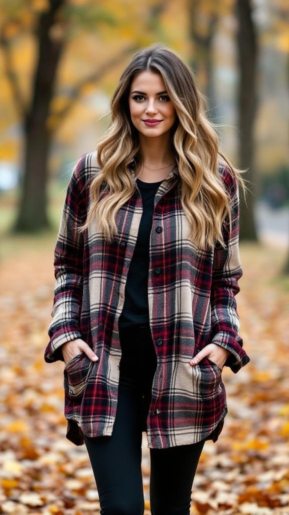 A woman wearing a plaid flannel shirt and black leggings, standing in a park with autumn leaves.