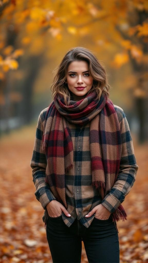 A woman wearing a plaid shirt and scarf, surrounded by fall foliage.