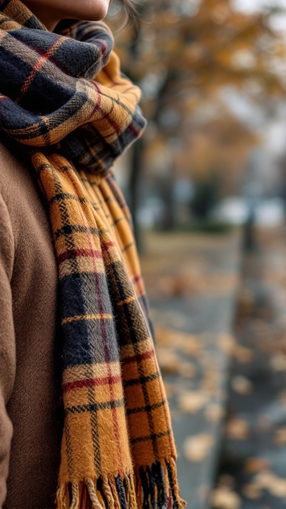 A close-up of a woman wearing a plaid scarf with warm colors and a brown coat, set against a blurred autumn background.