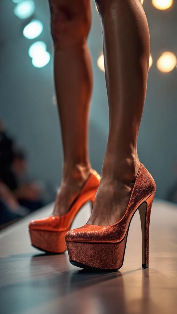 A close-up of stylish orange platform heels on a model's feet, showcasing their height and design.