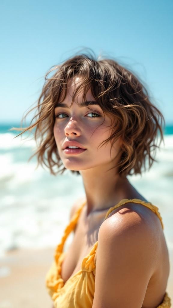 A woman with short, wavy hair standing on the beach, wearing a yellow top, with the ocean in the background.