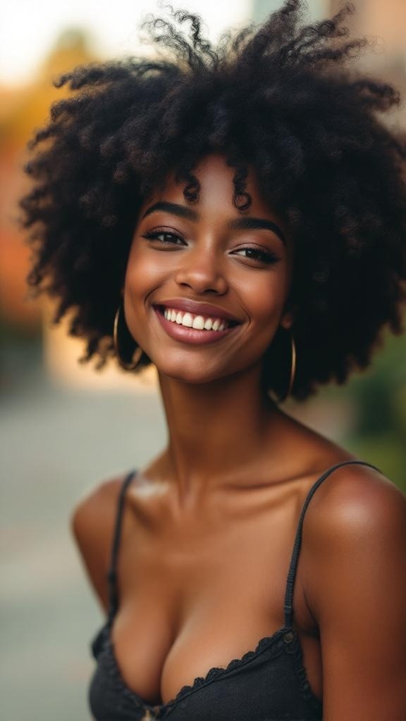 A woman with a playful curly fro hairstyle, smiling brightly.